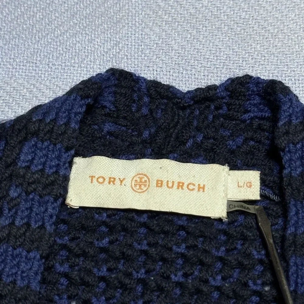 Tory Burch Black Blue Merino Wool Waffle Knit Cardigan‎ Sweater Women's Sz Large